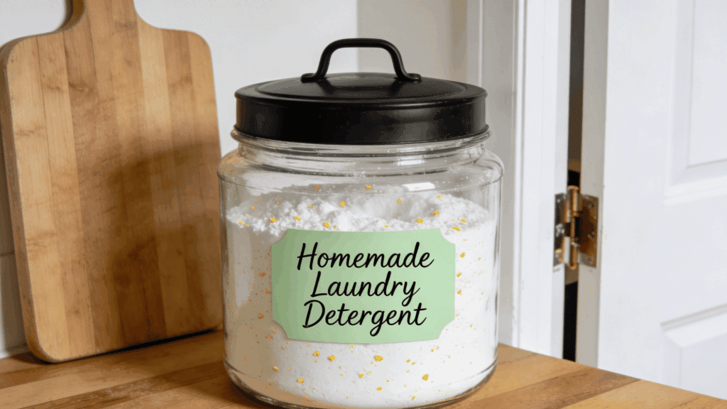Glass jar filled with white homemade laundry detergent powder sits on a wooden surface next to a cutting board.