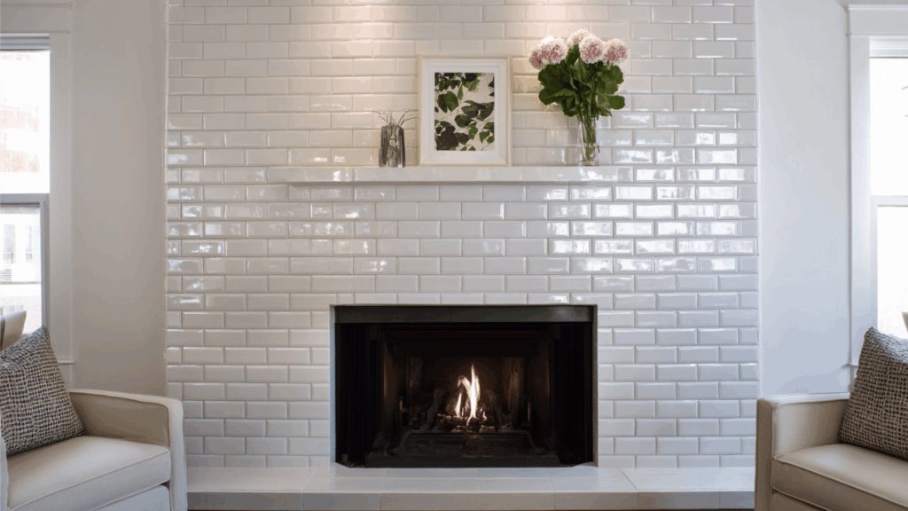 Glossy subway tile fireplace surround with clean modern styling.