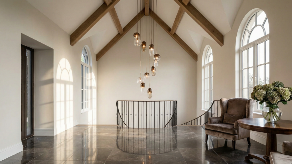 Grand entryway featuring a high cathedral ceiling with a large chandelier suspended from the central ridge