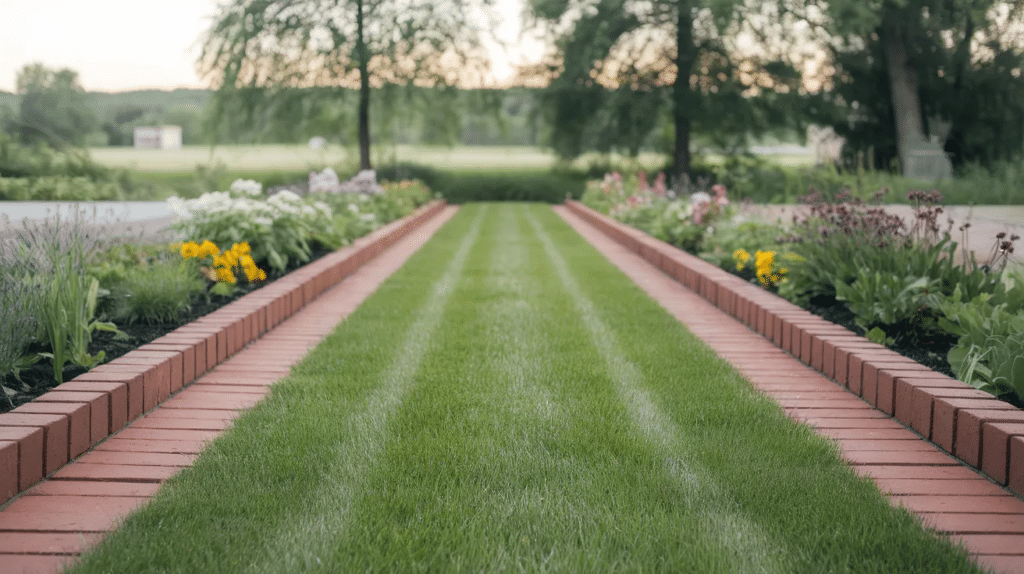Grass walkway bordered by clean rows of red bricks on each side