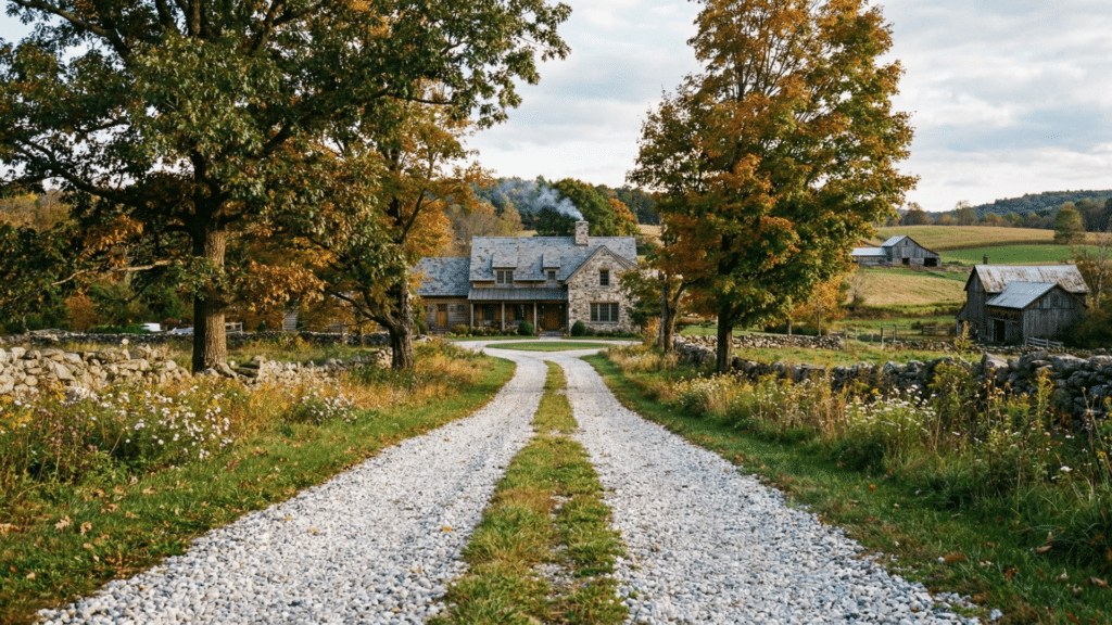 Gravel driveway leading to a rural home with trees on each side