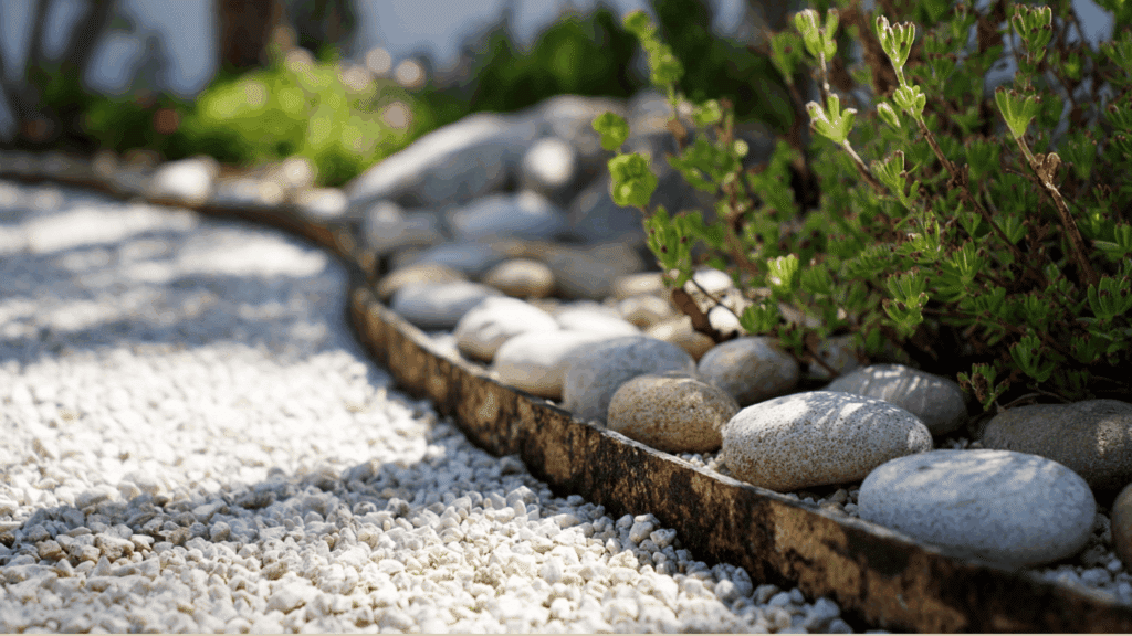 Gravel edging with stone caps for natural garden borders
