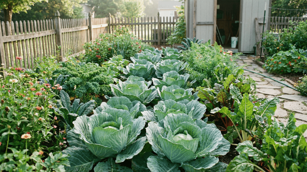 Green cabbage heads growing in a home garden under sunlight