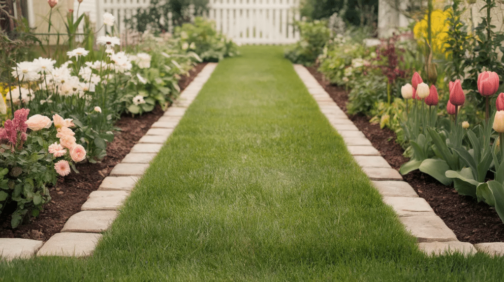 Green grass path outlined with flat stone edging in a garden