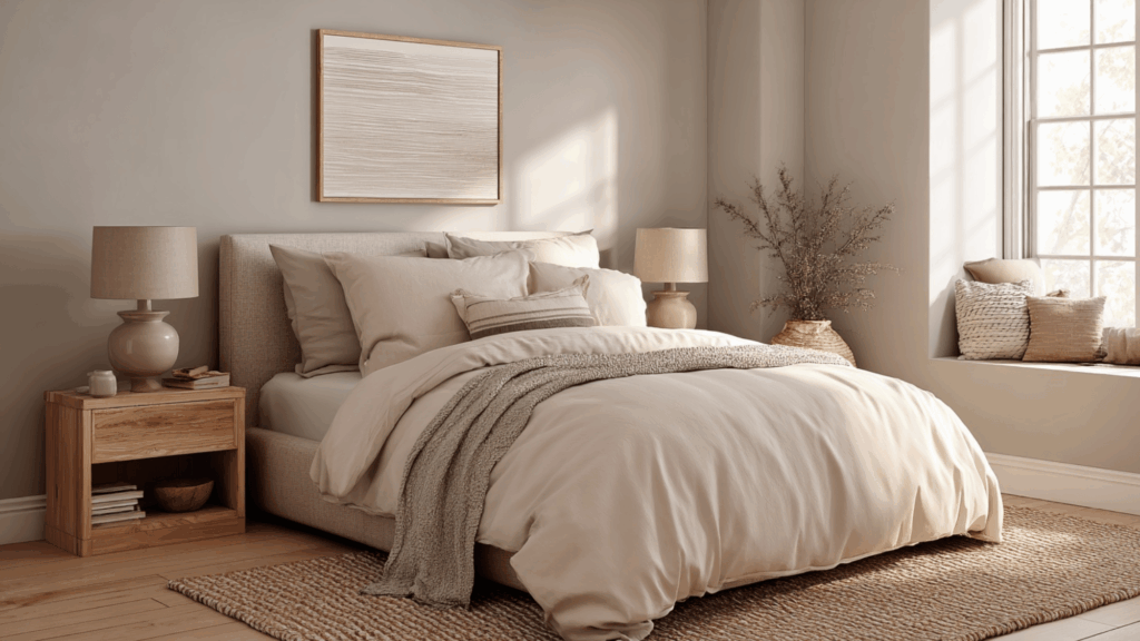 Greige bedroom walls with cream bedding and light wood furniture