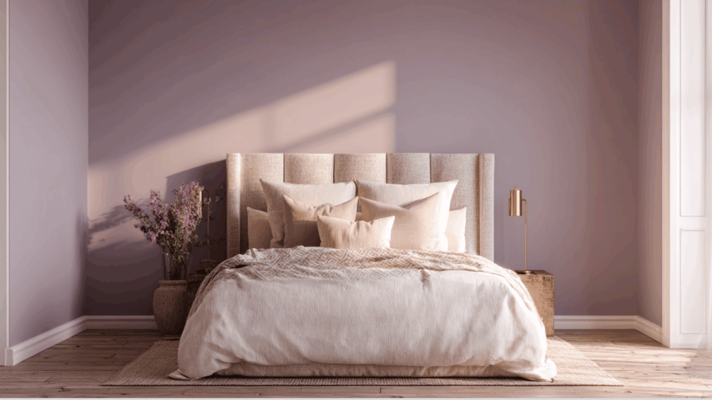 Guest bedroom with dusty mauve walls and off-white trim.