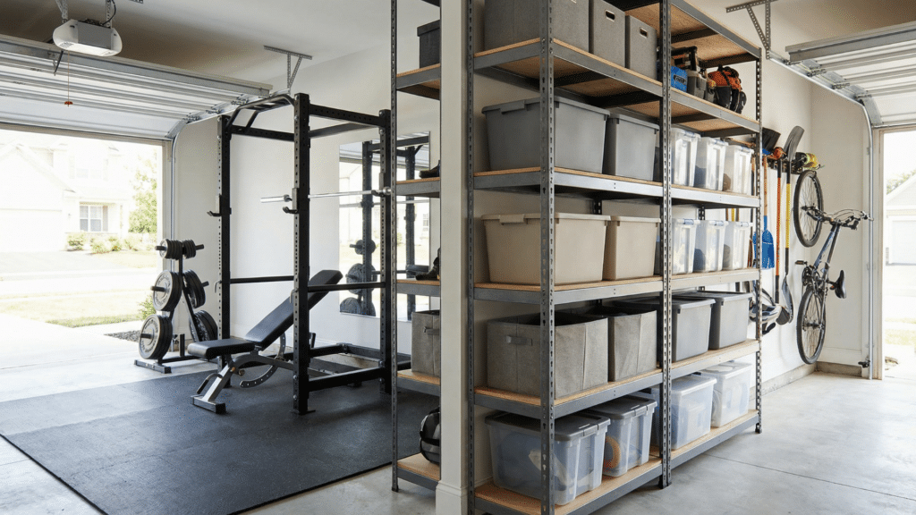 Half garage gym separated from storage area using tall shelving to create a clean workout zone