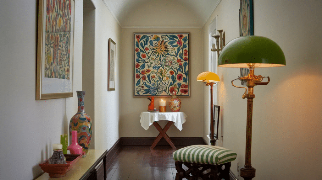 Hallway decorated with colorful pops on neutral background