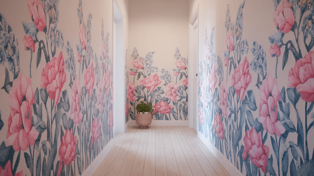 Hallway featuring floral peel and stick wallpaper