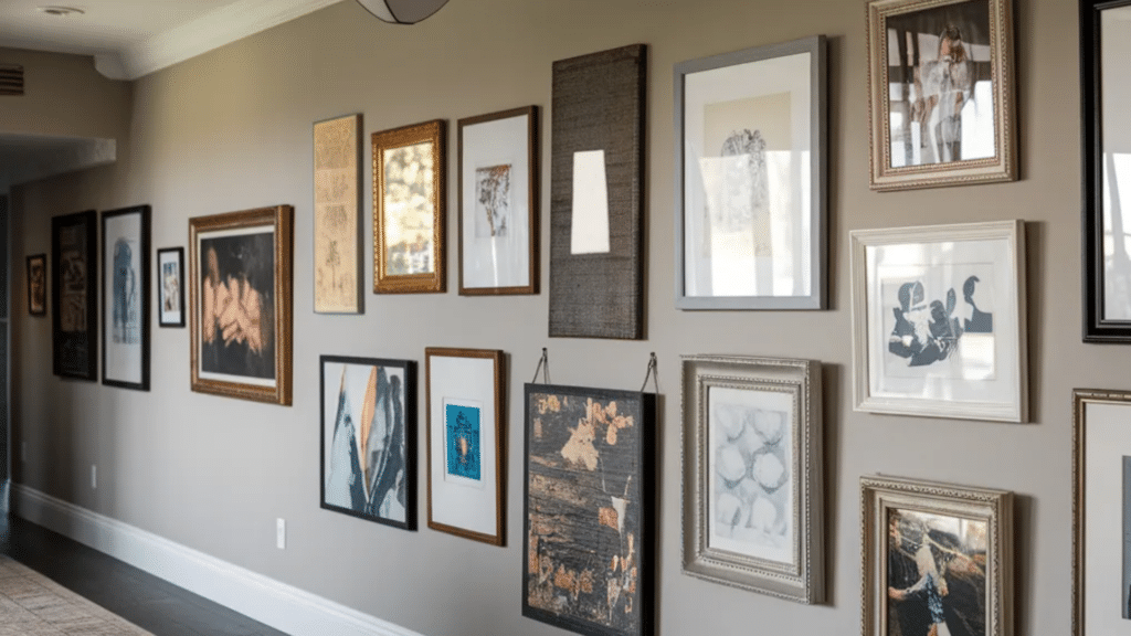 Hallway gallery wall with assorted framed pictures