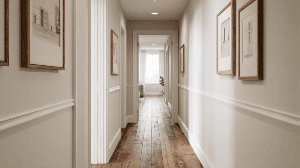 Hallway with Oyster White walls and wood floors, softly lit and simple