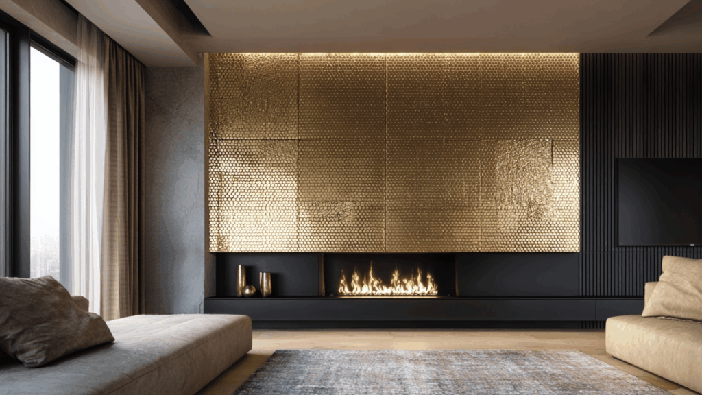 Hammered brass panel fireplace wall with modern luxury design