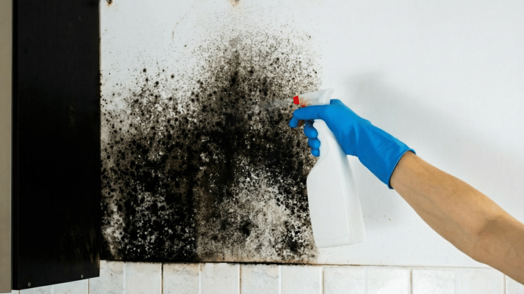 Hand wearing a blue glove sprays a cleaning solution onto a section of white wall heavily covered in black mold growth