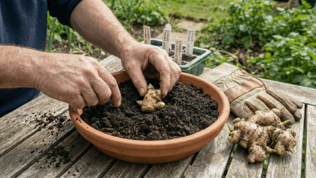 Hands Placing ginger root flat in soil with eyes facing up