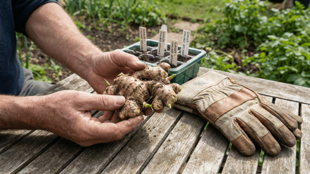 Hands holding ginger root with visible buds on a wooden garden table