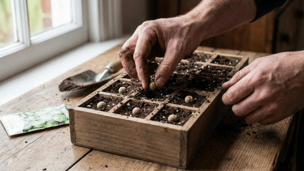 Hands planting Brussels sprout seeds in trays indoors