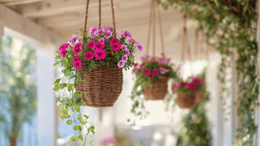 Hanging baskets arranged vertically with flowers and trailing vines