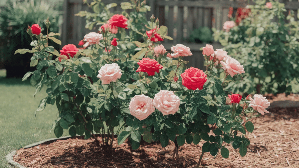 Healthy blooming rose bush in a backyard garden with sunlight and mulch
