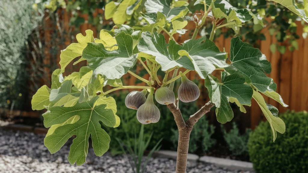 Healthy fig tree with green leaves and ripe figs in a sunny garden