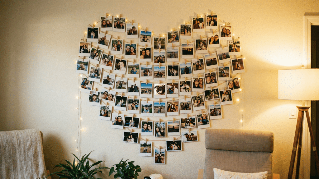 Heart shaped photo collage on a wall using clipped photo prints for a personal touch