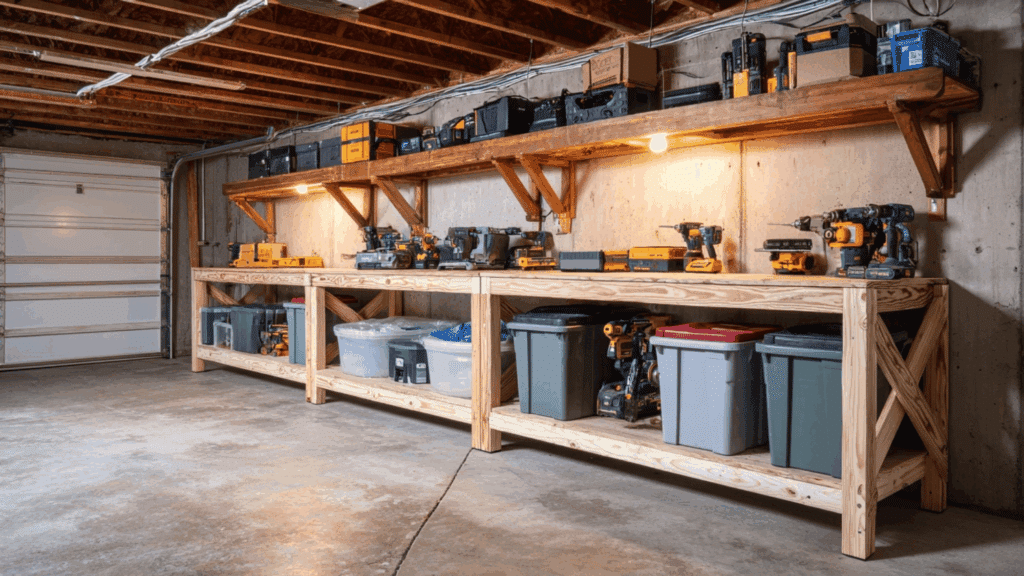 Heavy-duty 2x4 garage shelves storing tools and bins