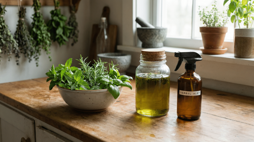 Herbal mosquito repellent spray made from fresh garden herbs