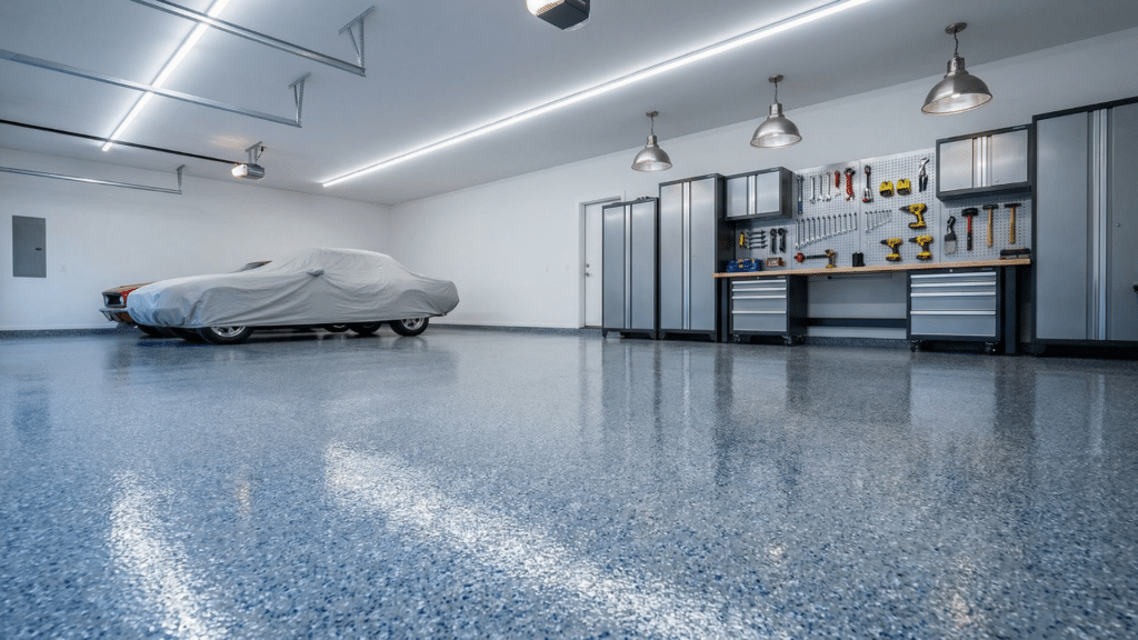 High-gloss polyaspartic garage floor coating with reflective finish