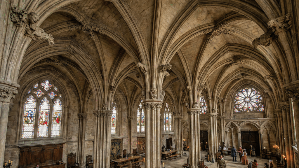Historic-style room with a rib vaulted ceiling featuring decorative crossing ribs and a detailed curved ceiling design