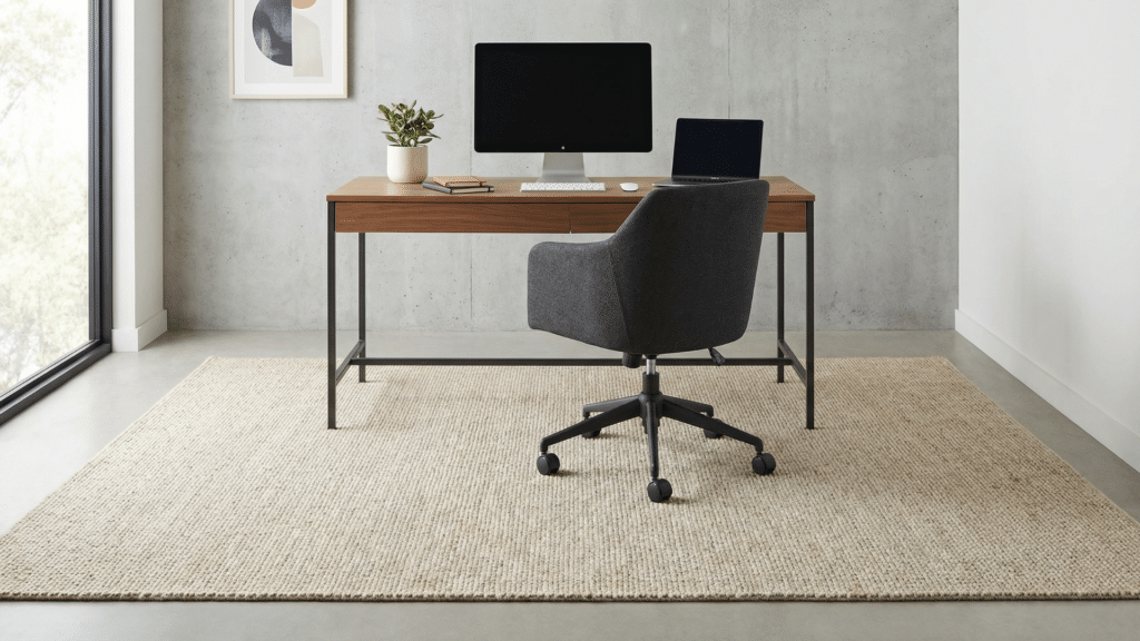 Home office with desk positioned on 6 x 9 rug