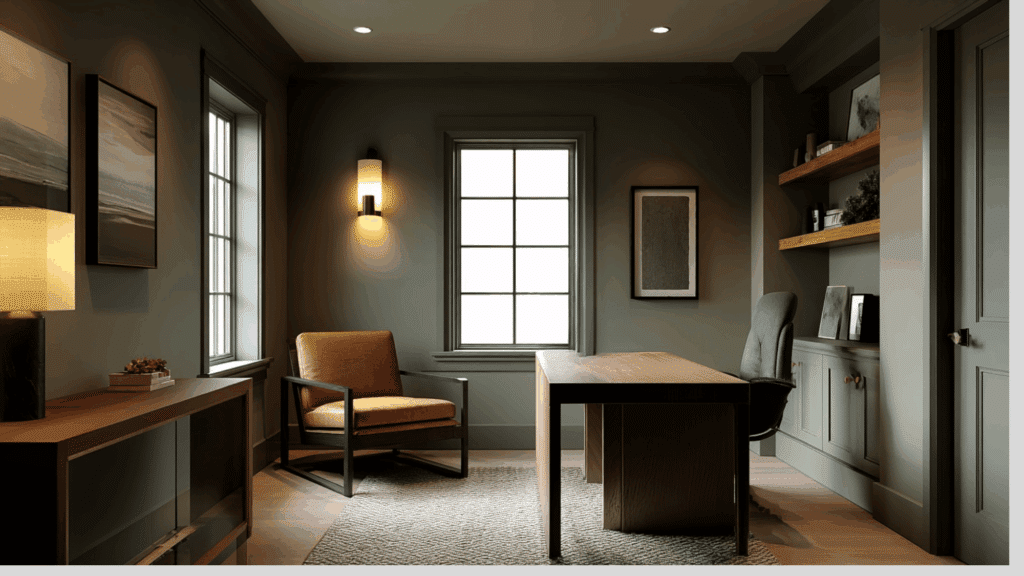 Home office with olive green walls and soft gray trim.