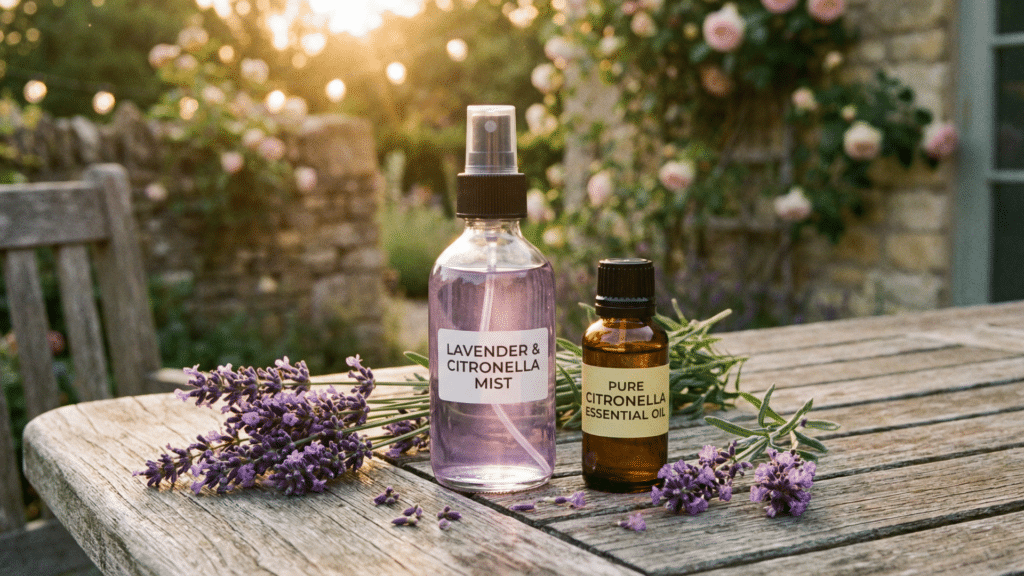 Homemade citronella and lavender mosquito spray on a wooden table