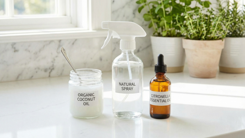 Homemade mosquito repellent spray made with coconut oil and citronella on a kitchen counter