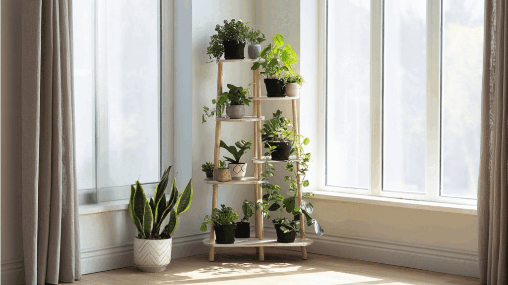 Indoor corner plant stand filled with layered potted greenery
