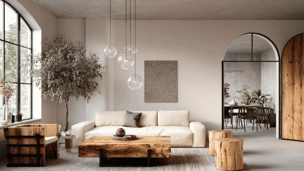 Indoor olive tree bringing natural greenery to an organic modern living room