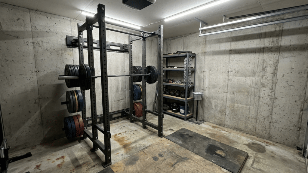 Industrial style half garage gym corner with power rack, barbell, bumper plates, and exposed lighting