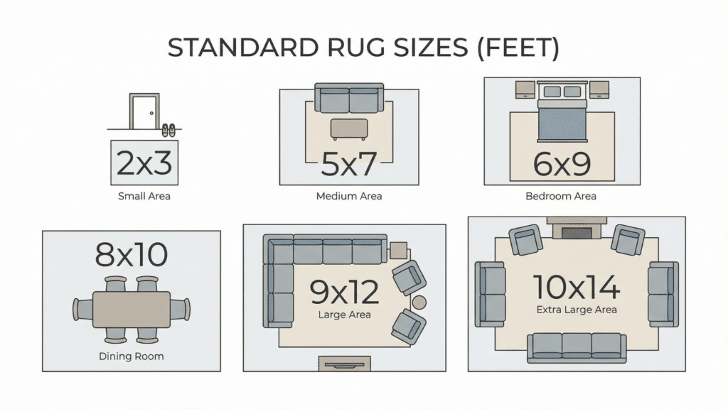 Infographic chart of standard rug sizes in feet