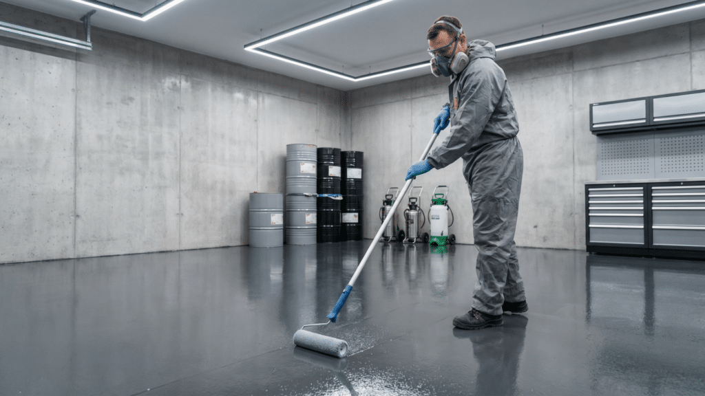 Installer applying polyurea garage floor coating in residential garage