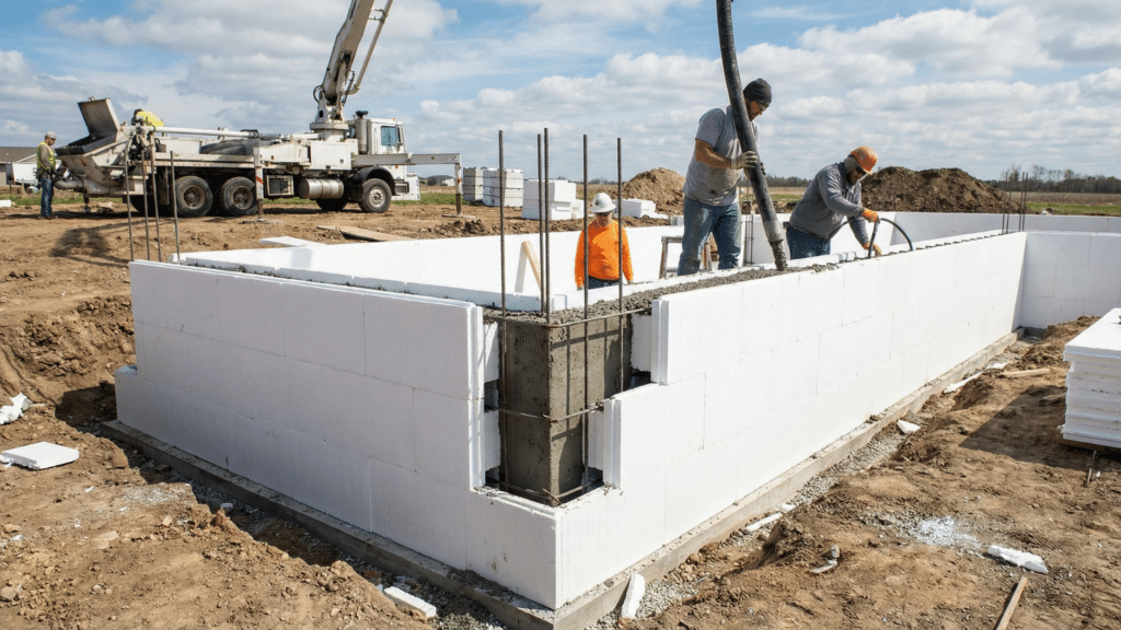 Insulated concrete form basement wall with foam blocks and reinforced concrete core