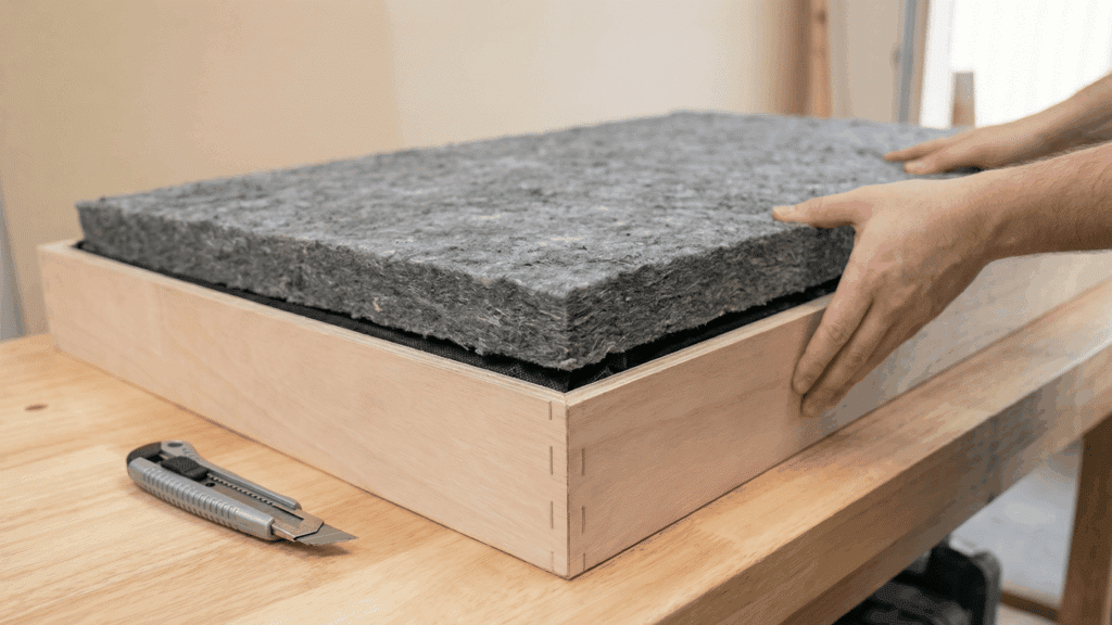 Insulation slab placed neatly inside wooden acoustic panel frame. (1)