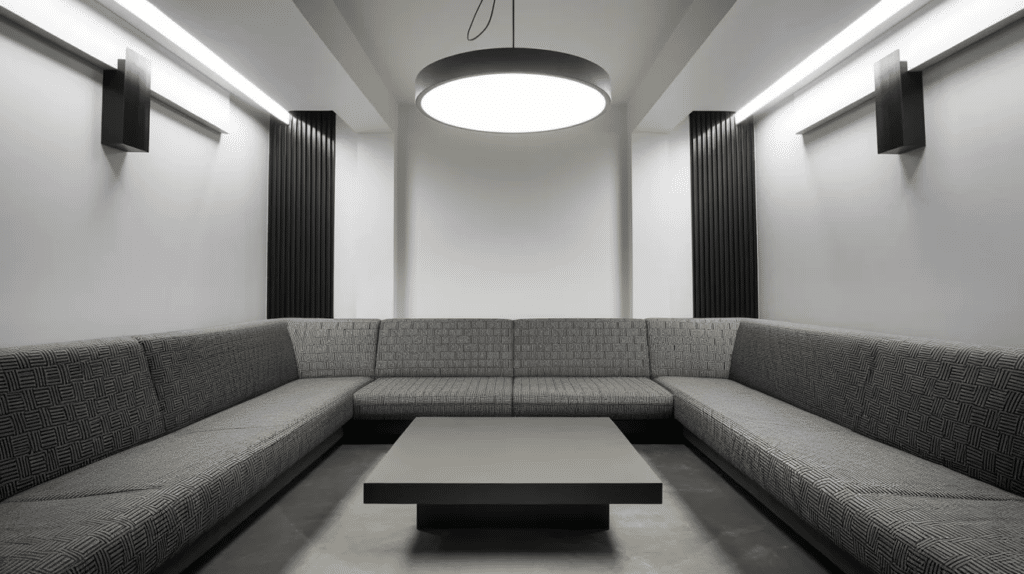 Interior featuring clean lines, geometric shapes, and balanced proportions in Bauhaus style