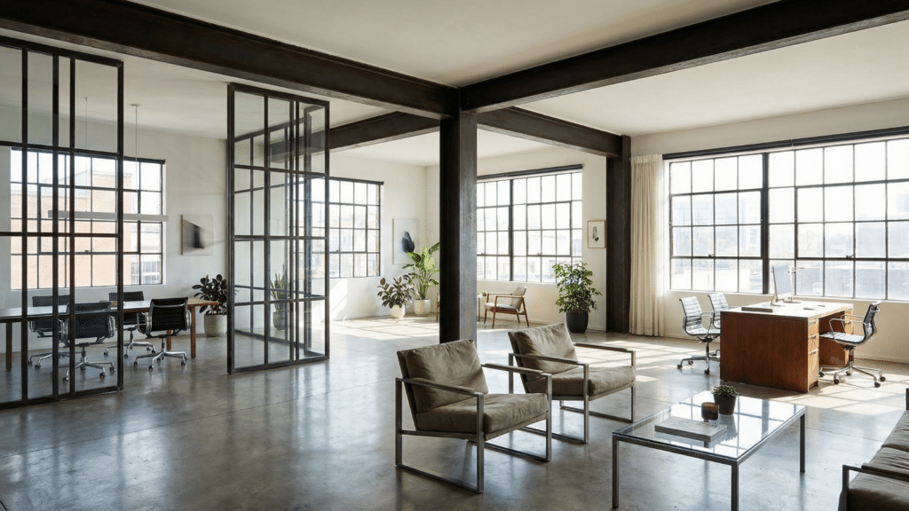 Interior featuring steel, concrete, and glass materials in Bauhaus interior design style