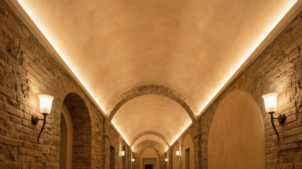 Interior hallway with smooth barrel vault ceiling arching across the room and soft ambient lighting along the curve