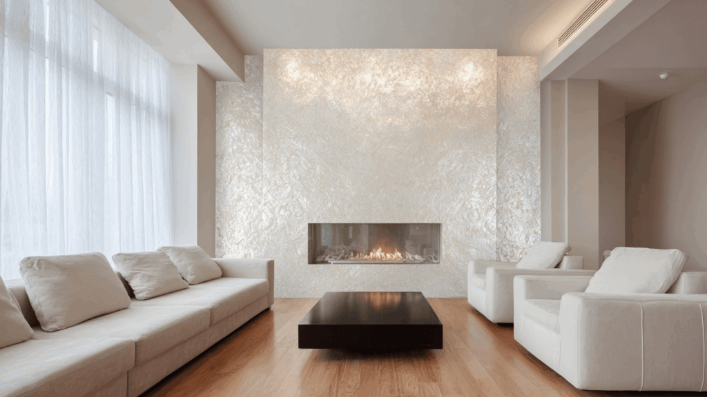 Iridescent pearl plaster fireplace wall with soft modern elegance.
