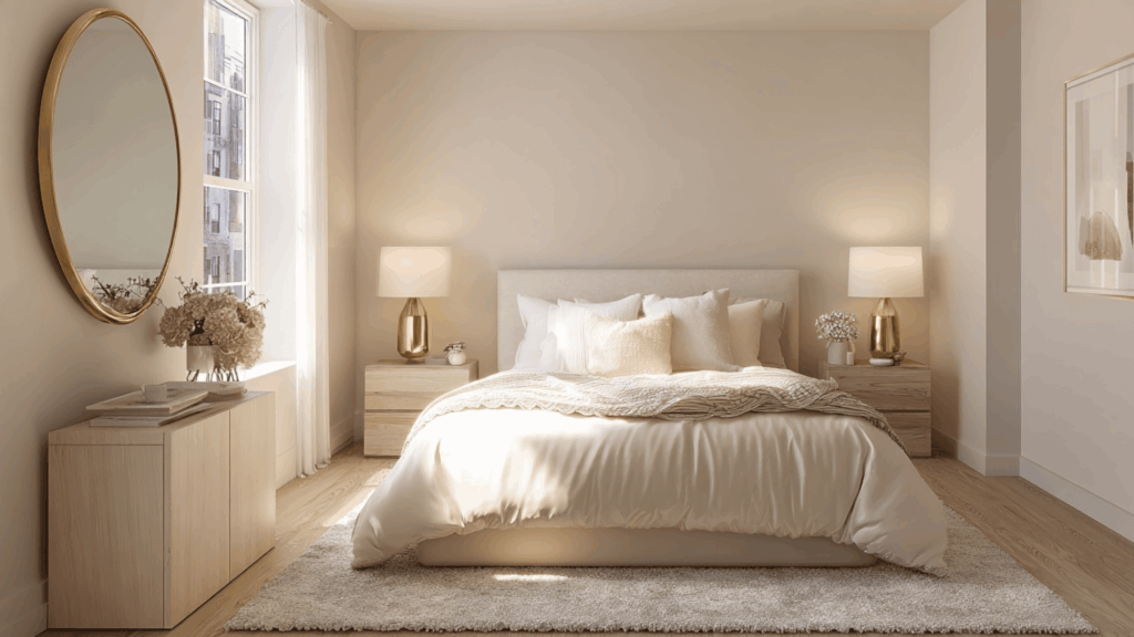 Ivory bedroom with subtle gold accents and warm lighting