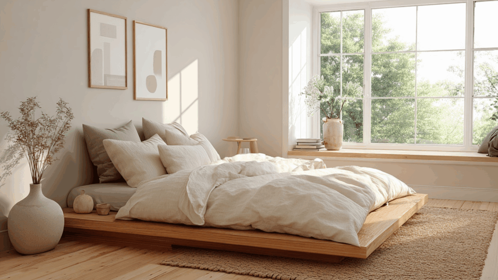 Japandi neutral bedroom with low wood bed and soft tones