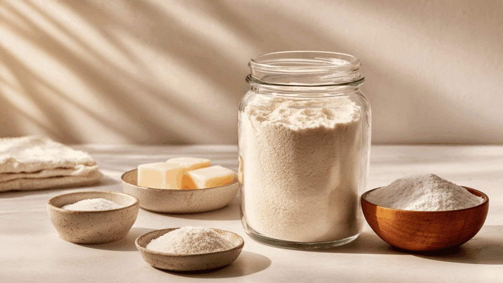 Jar of classic homemade powder laundry detergent with simple ingredients beside it