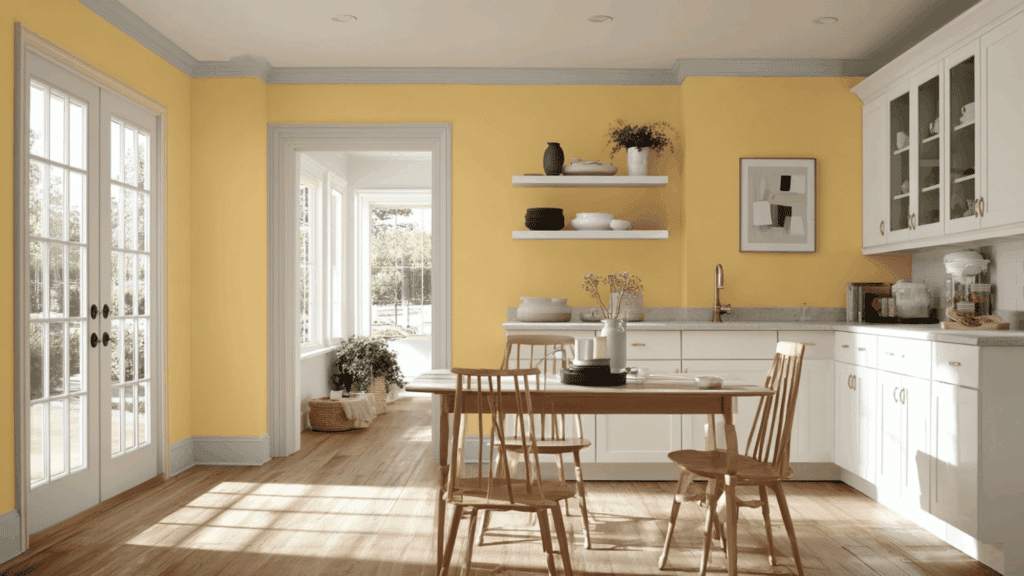 Kitchen with buttery yellow walls and dove gray trim.