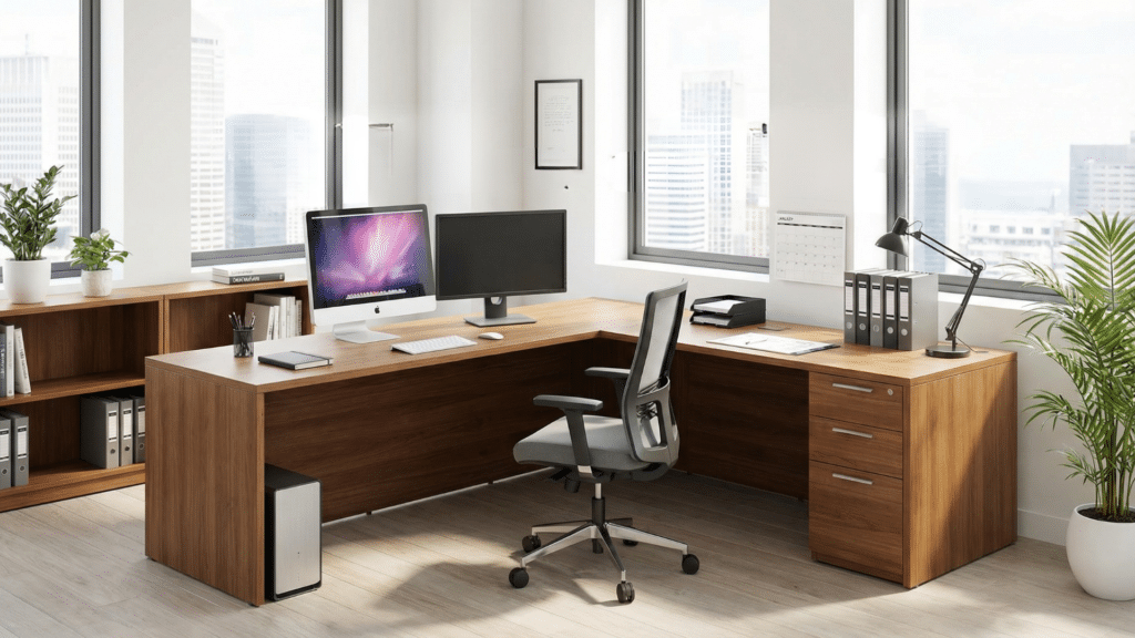 L-shaped desk setup with standard dimensions in a corner office