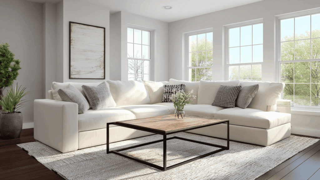 L-shaped sectional sofa in a modern corner living room with simple decor.