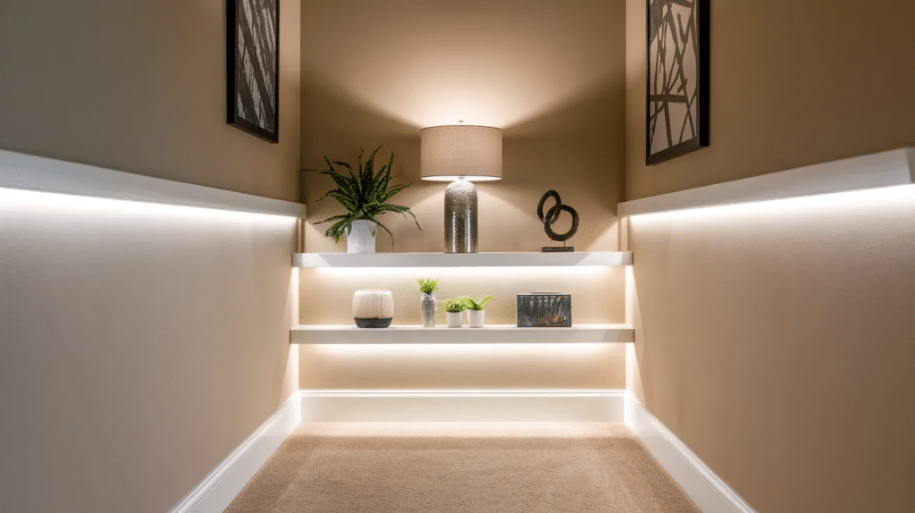 LED strip lights under shelf in hallway